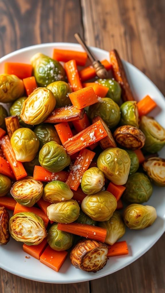 Crispy Air Fryer Brussels Sprouts and Carrots Crispy Brussels sprouts and carrots on a white plate, garnished, on a rustic wooden table.